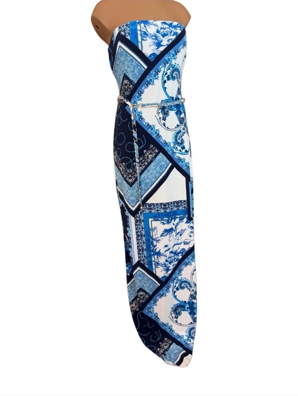 Cache RARE Strapless Blue & White Patchwork Maxi Dress Sz S - Picture 2 of 9